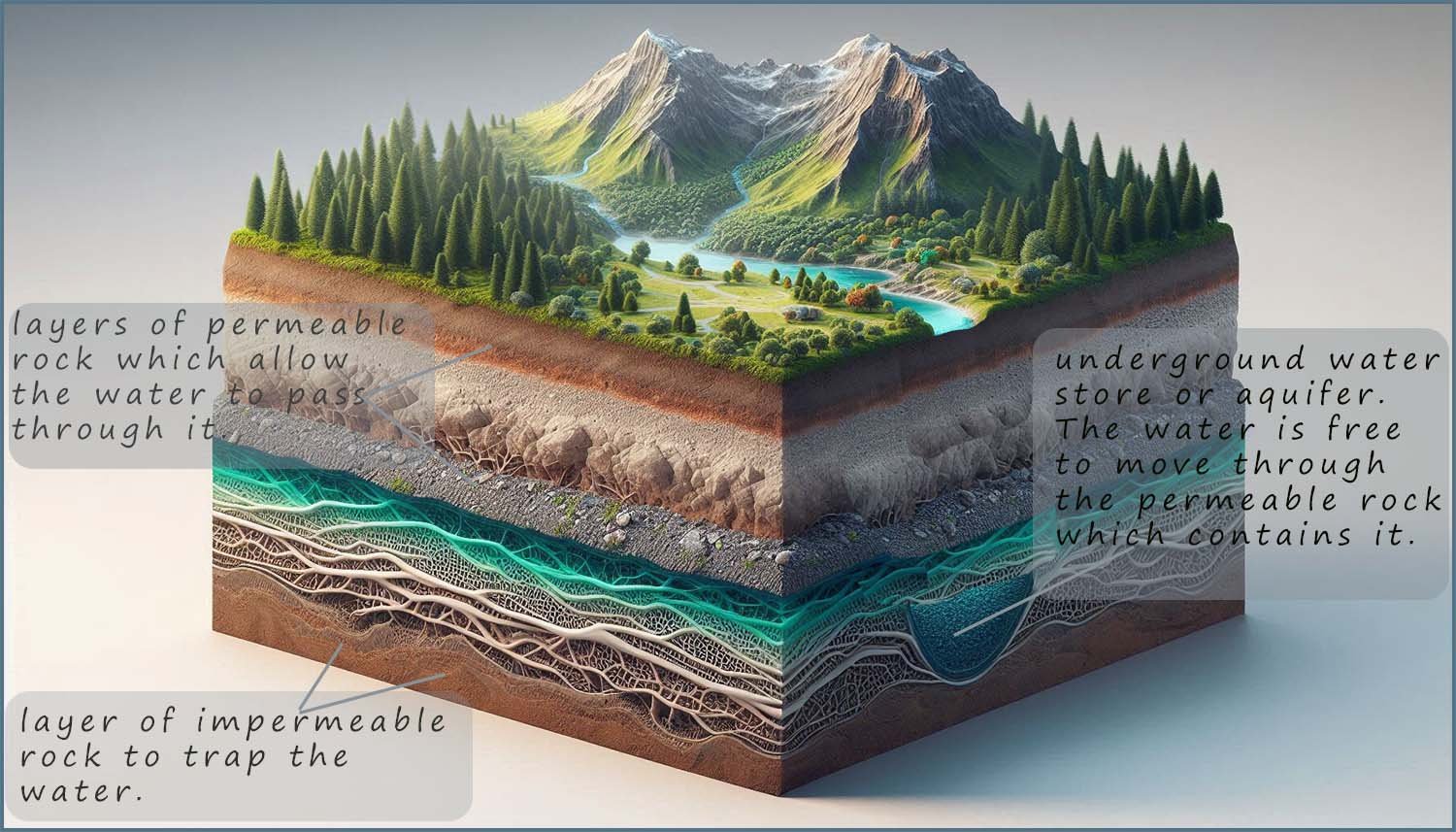 3d Image to show a how water is stored in large underground water aquifers.  